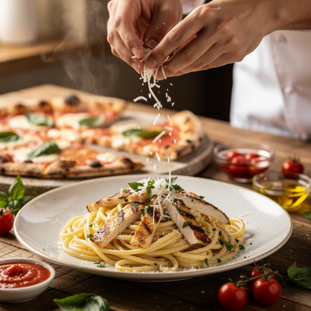 Bella Vista's signature Italian dishes including wood-fired pizza, lasagna, and tiramisu in Lago Vista, TX